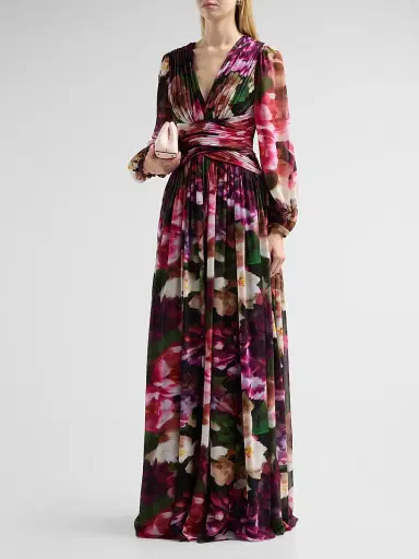 Badgley Mischka Women's Floral Pleated Georgette A-Line Gown - Fuchsia Multi | Thumbnail 4