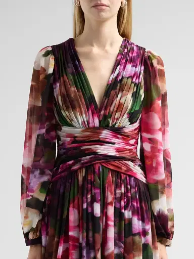 Badgley Mischka Women's Floral Pleated Georgette A-Line Gown - Fuchsia Multi | Thumbnail 5
