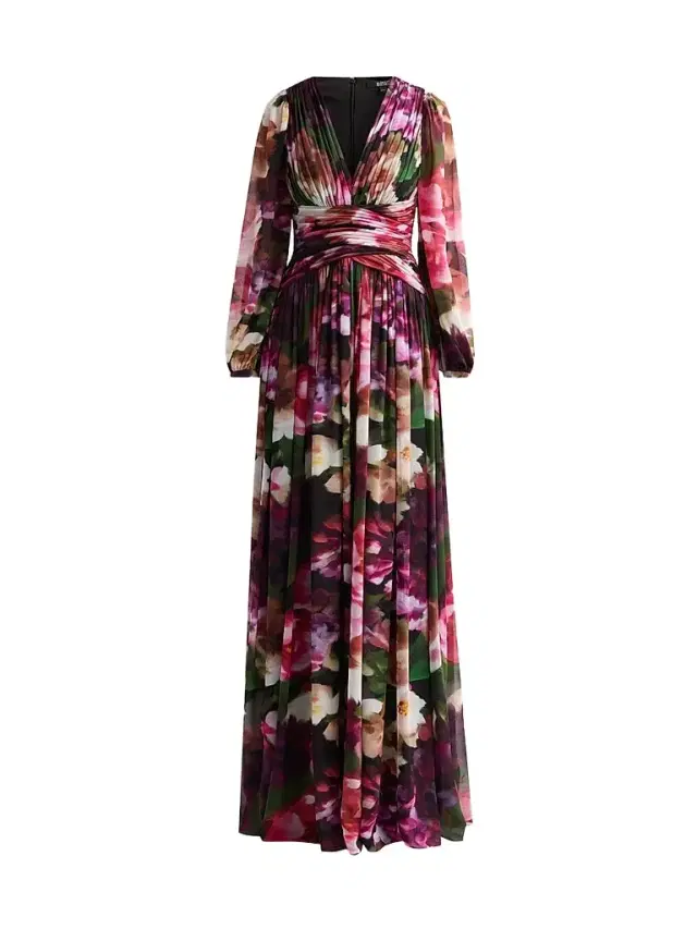 Badgley Mischka Women's Floral Pleated Georgette A-Line Gown - Fuchsia Multi