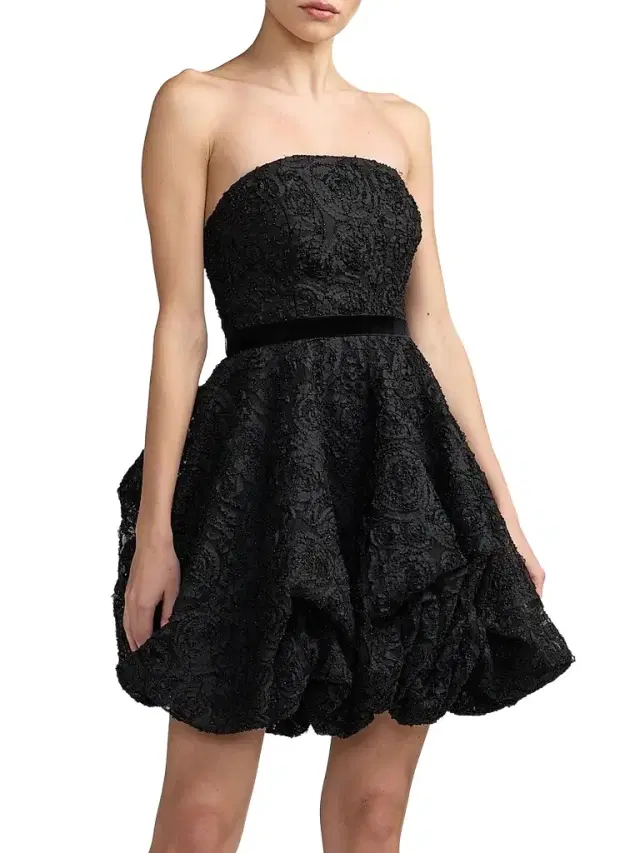 Women's Floral Lace Strapless Bubble Mini Dress - Black