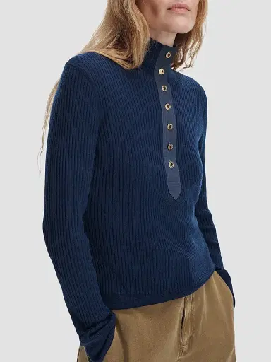 rag & bone Women's Lucy Rib-Knit Wool Henley - Navy | Thumbnail 4