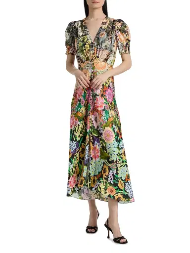 Saloni Women's Lea Floral Print Midi Dress - Aster Garden Placement | Thumbnail 3 Saloni Women's Lea Floral Print Midi Dress - Aster Garden Placement | Thumbnail 3