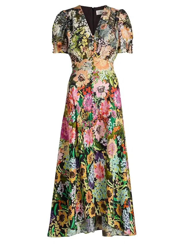 Saloni Women's Lea Floral Print Midi Dress - Aster Garden Placement