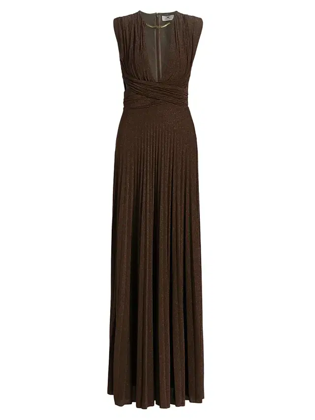 Elisabetta Franchi Women's Pleated Jersey Cut-Out Gown - Coffee