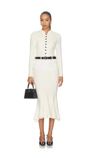 Self-Portrait Cream Knit Denim Insert Midi Dress | Thumbnail 1 Self-Portrait Cream Knit Denim Insert Midi Dress | Thumbnail 1