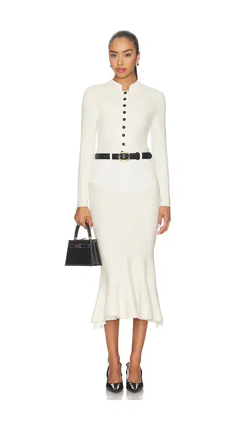 Self-Portrait Cream Knit Denim Insert Midi Dress