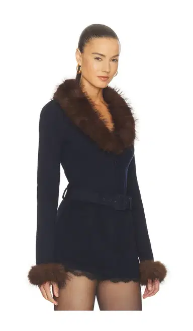 Self-Portrait Navy Faux Fur Knit Cardigan | Thumbnail 2 Self-Portrait Navy Faux Fur Knit Cardigan | Thumbnail 2