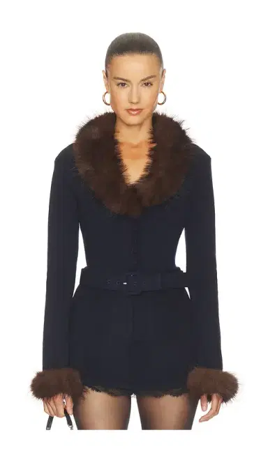 Self-Portrait Navy Faux Fur Knit Cardigan | Thumbnail 1 Self-Portrait Navy Faux Fur Knit Cardigan | Thumbnail 1