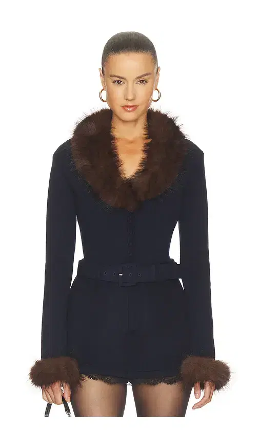 Self-Portrait Navy Faux Fur Knit Cardigan