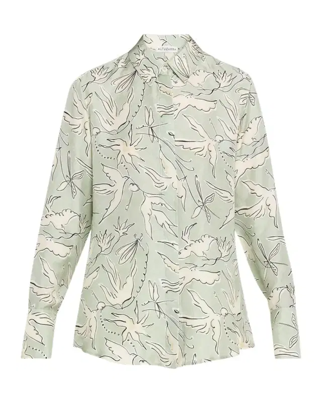Altuzarra Chika Bird-Print Silk Twill Button-Front Shirt