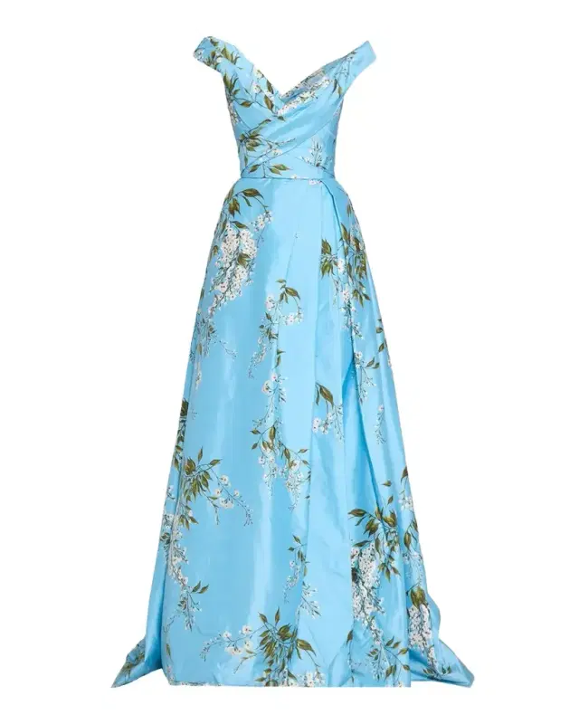 Monique Lhuillier Off-The-Shoulder Wisteria Silk Taffeta Slit Ball Gown