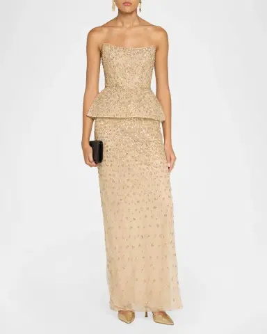 Monique Lhuillier Strapless Embellished Tulle Peplum Column Gown | Thumbnail 2