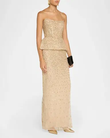 Monique Lhuillier Strapless Embellished Tulle Peplum Column Gown | Thumbnail 4