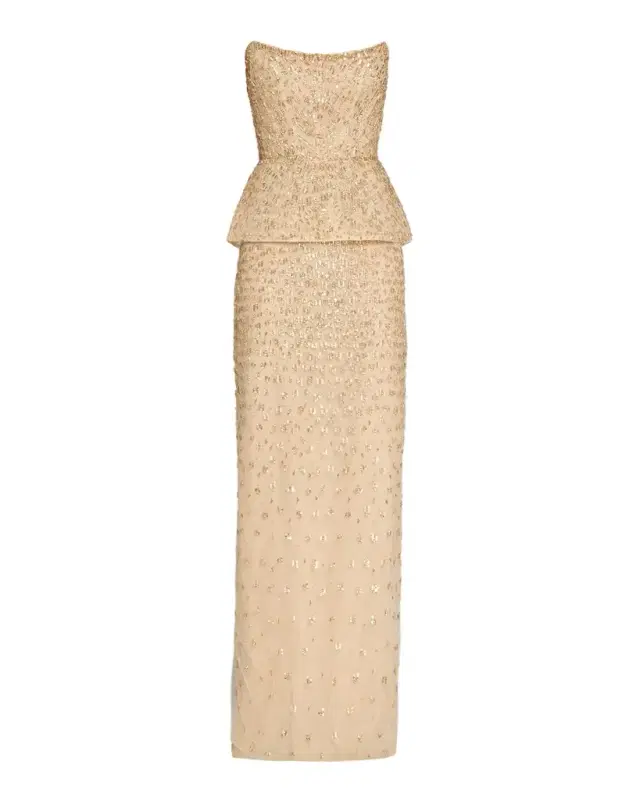Monique Lhuillier Strapless Embellished Tulle Peplum Column Gown