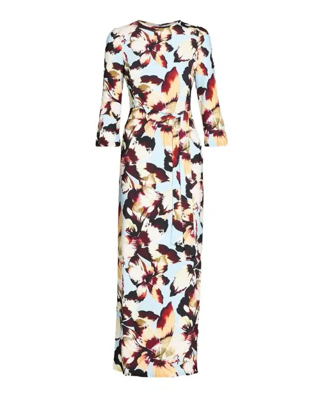 Monique Lhuillier Amber Lily Print Crepe Belted Maxi Dress