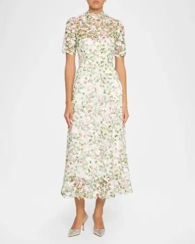 Monique Lhuillier Ivy Bloom Print Lace Short-Sleeve Midi Dress | Thumbnail 2
