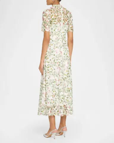 Monique Lhuillier Ivy Bloom Print Lace Short-Sleeve Midi Dress | Thumbnail 3