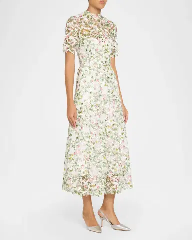 Monique Lhuillier Ivy Bloom Print Lace Short-Sleeve Midi Dress | Thumbnail 4
