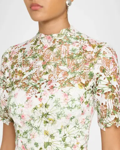 Monique Lhuillier Ivy Bloom Print Lace Short-Sleeve Midi Dress | Thumbnail 5
