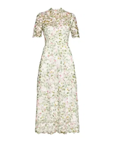 Monique Lhuillier Ivy Bloom Print Lace Short-Sleeve Midi Dress | Thumbnail 1