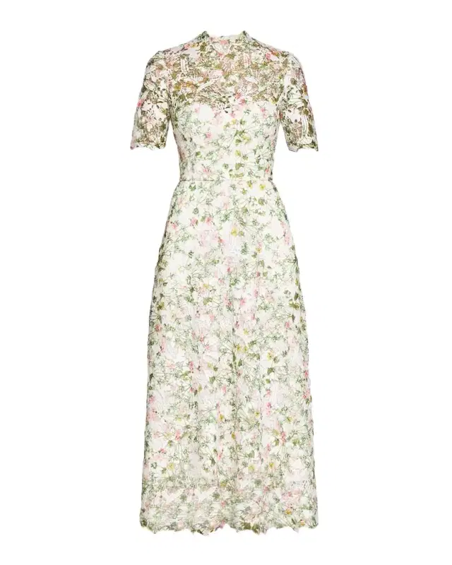 Monique Lhuillier Ivy Bloom Print Lace Short-Sleeve Midi Dress