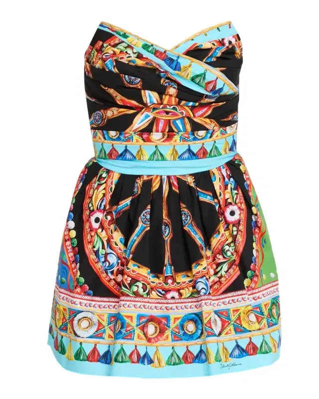 Strapless Carretto-Print Cotton Flare Mini Dress