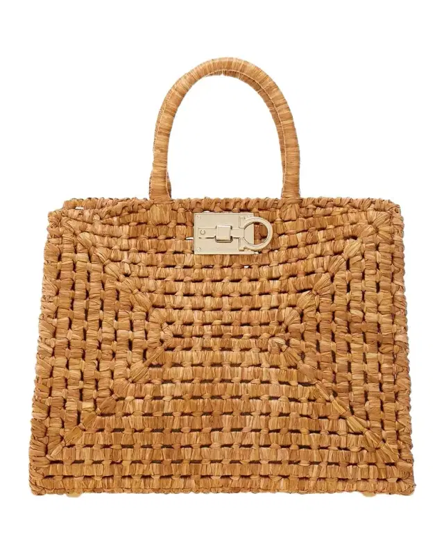 Ferragamo Studio Box Open-Weave Raffia Tote Bag