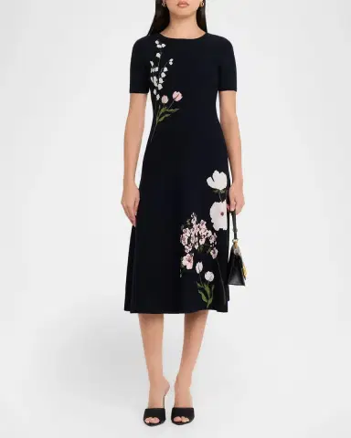 Oscar de la Renta Short-Sleeve Multi Floral Knit Midi Dress | Thumbnail 2 Oscar de la Renta Short-Sleeve Multi Floral Knit Midi Dress | Thumbnail 2
