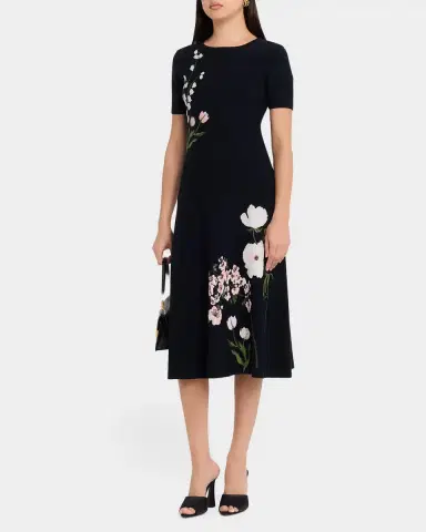 Oscar de la Renta Short-Sleeve Multi Floral Knit Midi Dress | Thumbnail 4 Oscar de la Renta Short-Sleeve Multi Floral Knit Midi Dress | Thumbnail 4