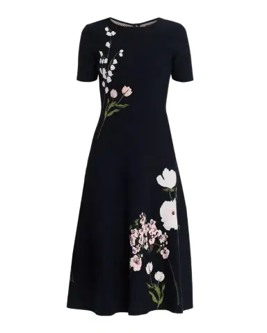 Oscar de la Renta Short-Sleeve Multi Floral Knit Midi Dress | Thumbnail 1 Oscar de la Renta Short-Sleeve Multi Floral Knit Midi Dress | Thumbnail 1