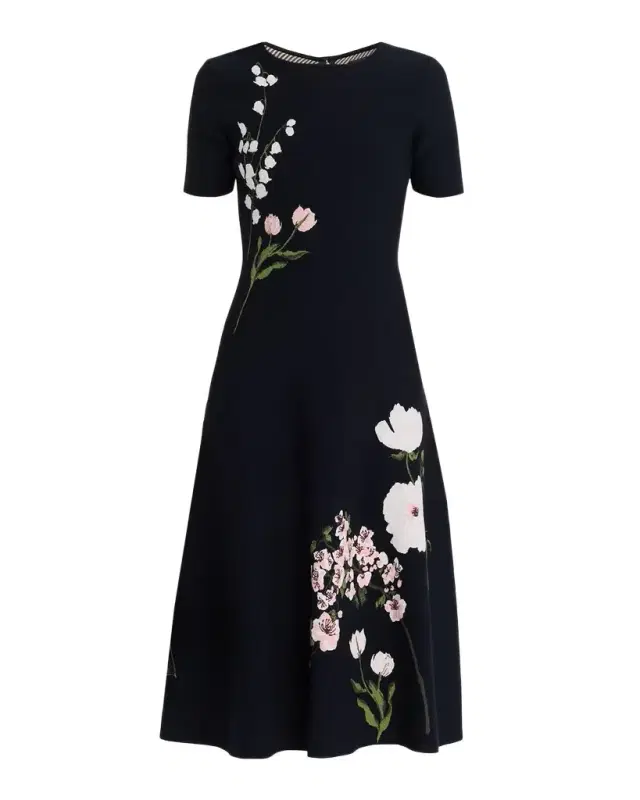 Oscar de la Renta Short-Sleeve Multi Floral Knit Midi Dress