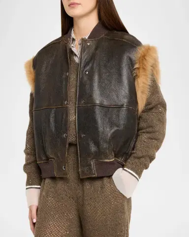 Brunello Cucinelli Lamb Shearling Trim Vintage Aviator Vest | Thumbnail 4
