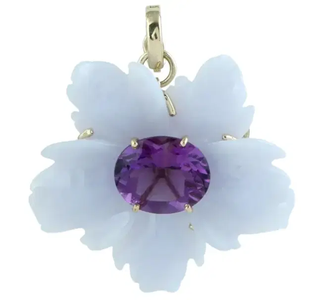 Wish Fine Jewelry 19.49ct Amethyst Chalcedony 14K Gold Flower Pendant