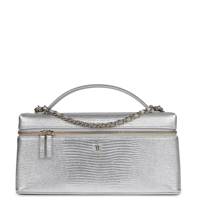 Chanel Chanel Top Handle Long Vanity Case with Chain Silver Metallic Lizard Embossed Calfskin Light Gold Hardware