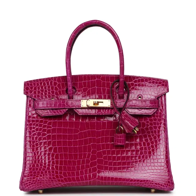 HERMÈS Hermes Birkin 30 Rose Pourpre Shiny Porosus Crocodile Gold Hardware
