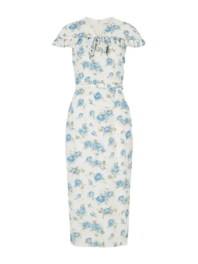 Alessandra Rich Belted Floral-print Ruffle-trim Silk-crepe Midi Dress