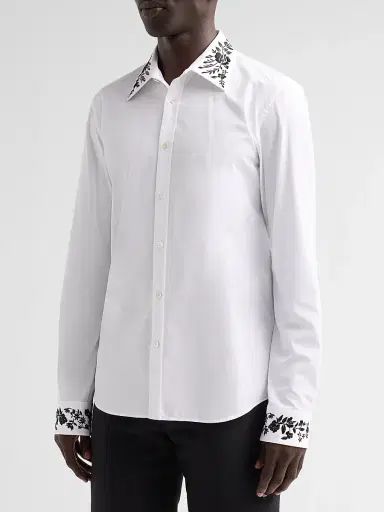Alexander McQueen Men's Floral Embroidered Cotton Shirt - Optical White - Size 42 | Thumbnail 4