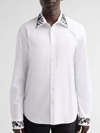 Alexander McQueen Men's Floral Embroidered Cotton Shirt - Optical White - Size 42 | Thumbnail 5