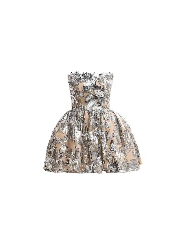 Bronx Banco Women's Chloe Sequined Floral Strapless Mini Dress - Dark Silver