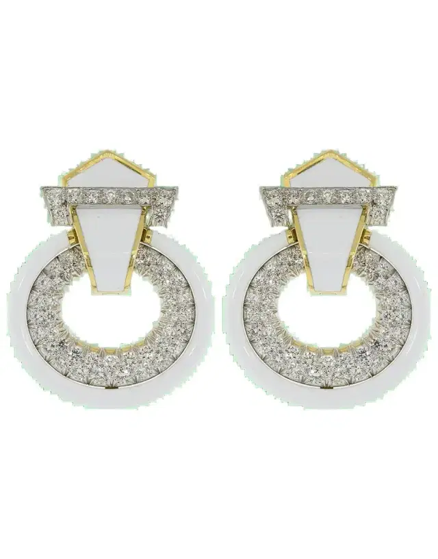 DAVID WEBB Diamond White Enamel Doorknocker Earrings