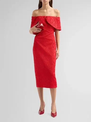 Badgley Mischka Women's Embossed Scuba Off-the-Shoulder Cocktail Dress - Red | Thumbnail 2