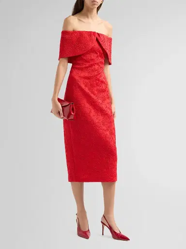 Badgley Mischka Women's Embossed Scuba Off-the-Shoulder Cocktail Dress - Red | Thumbnail 4