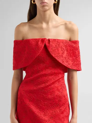 Badgley Mischka Women's Embossed Scuba Off-the-Shoulder Cocktail Dress - Red | Thumbnail 5