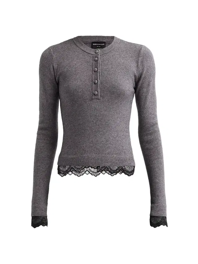 Generation Love Women's Olivia Lace-Trim Henley Sweater - Heather Charcoal Black