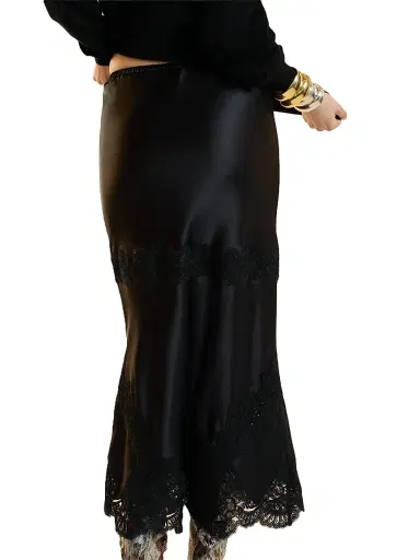 CYNTHIA ROWLEY Women's Satin Lace-Trim Midi-Skirt | Thumbnail 2