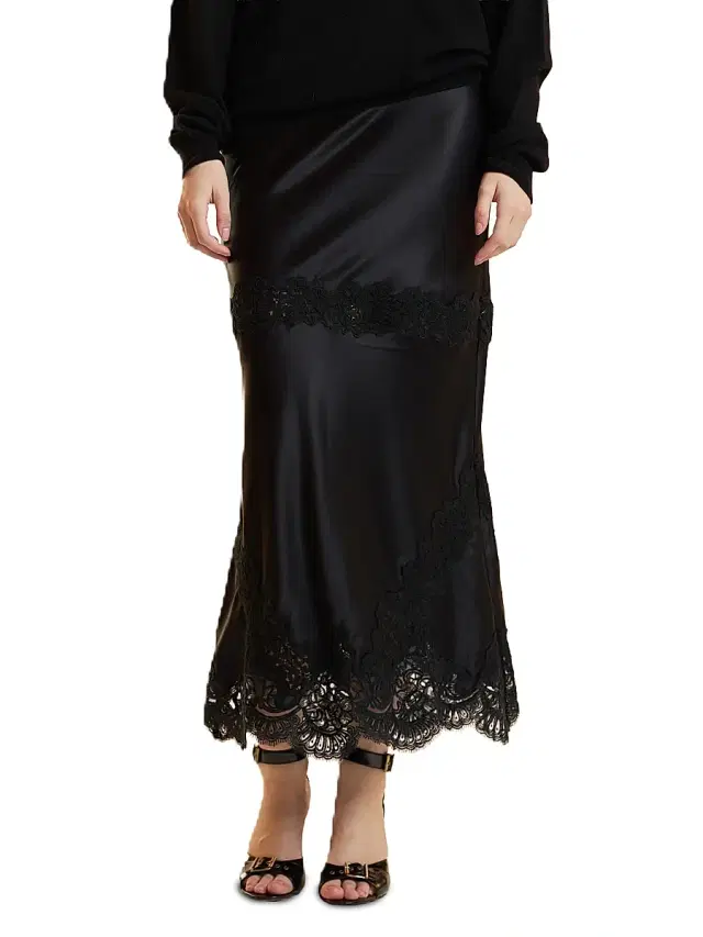Women's Satin Lace-Trim Midi-Skirt - Black - Size XS Women's Satin Lace-Trim Midi-Skirt - Black - Size XS