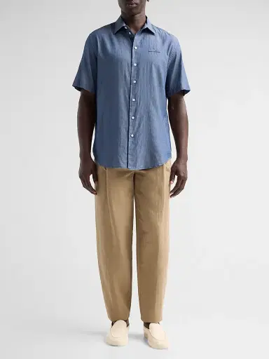 Emporio Armani Men's Solid Chambray Short-Sleeve Sport Shirt - Solid Medium Blue - Size XXL | Thumbnail 2 Emporio Armani Men's Solid Chambray Short-Sleeve Sport Shirt - Solid Medium Blue - Size XXL | Thumbnail 2