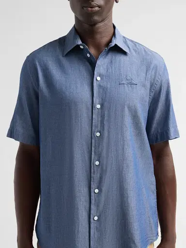 Emporio Armani Men's Solid Chambray Short-Sleeve Sport Shirt - Solid Medium Blue - Size XXL | Thumbnail 5 Emporio Armani Men's Solid Chambray Short-Sleeve Sport Shirt - Solid Medium Blue - Size XXL | Thumbnail 5
