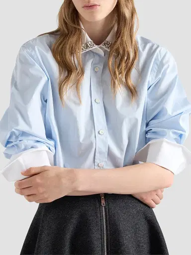 Prada Women's Embroidered Poplin Shirt - Blue | Thumbnail 3