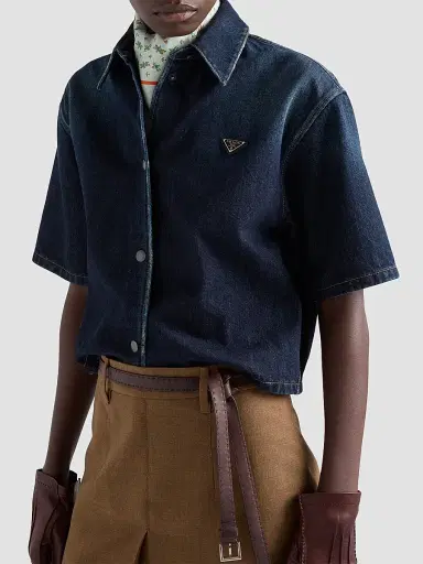 Prada Women's Short-Sleeved Denim Shirt - Blue - Size 2 | Thumbnail 6